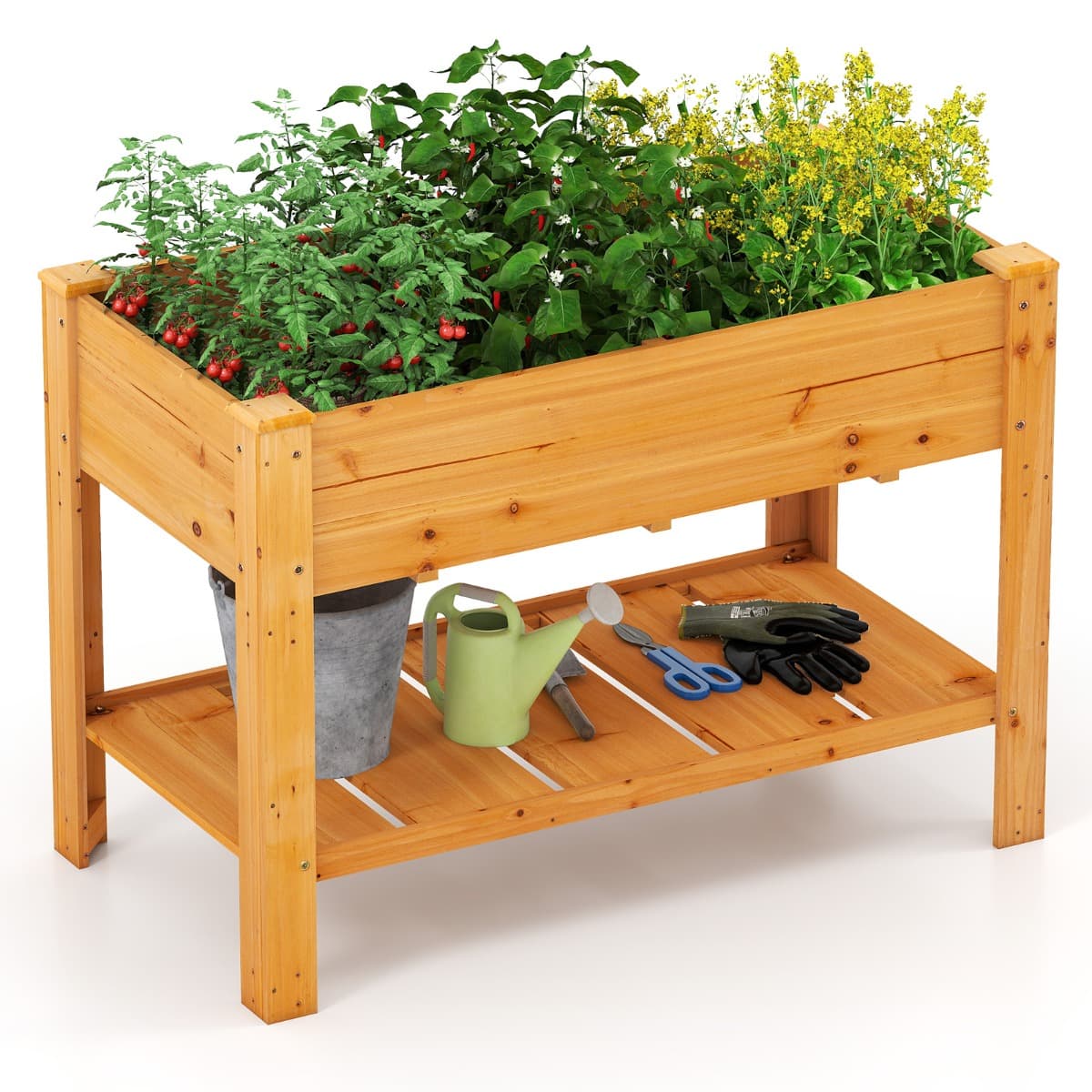 CostwayJardinière Surélevé en Bois avec Trou de Drainage Lit de Jardin avec Pieds et Étagère Bac de Culture 120x60x81cm Café