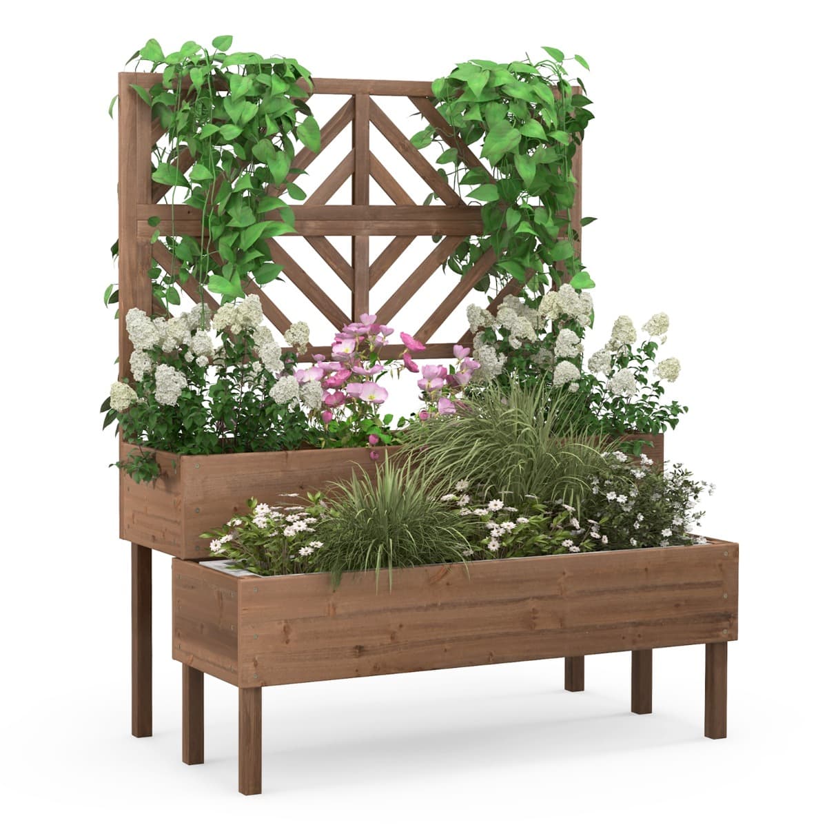 CostwayJardinière avec Treillis à 2 Niveaux en Bois de Sapin Bac à Fleurs Rectangulaire avec Trou de Drainage pour Plante Grimpante Café