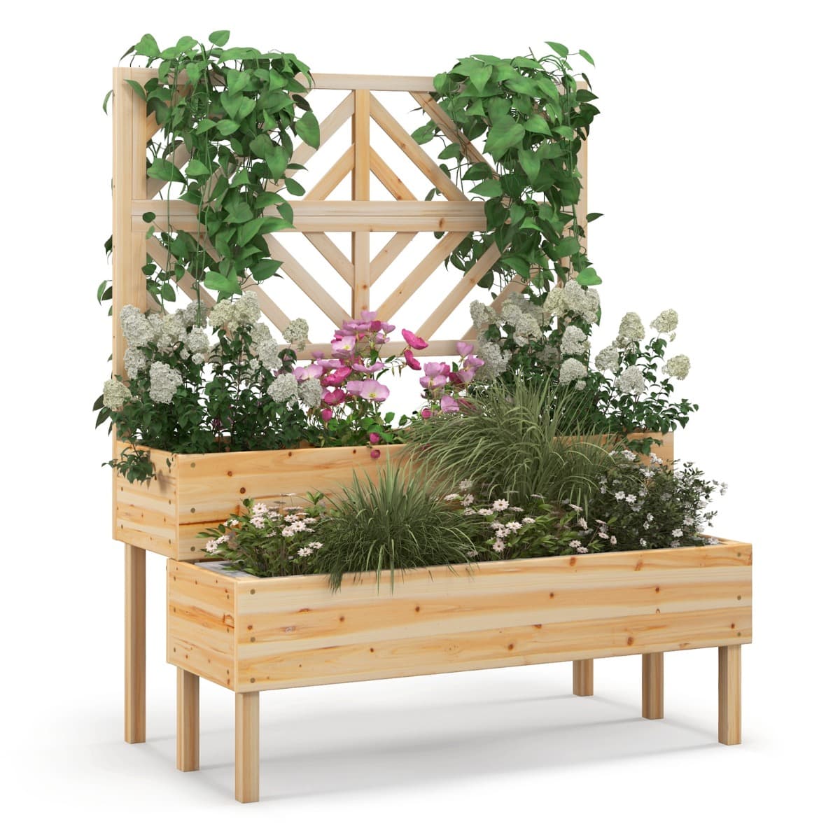 CostwayJardinière avec Treillis à 2 Niveaux en Bois de Sapin Bac à Fleurs Rectangulaire avec Trou de Drainage pour Plante Grimpante