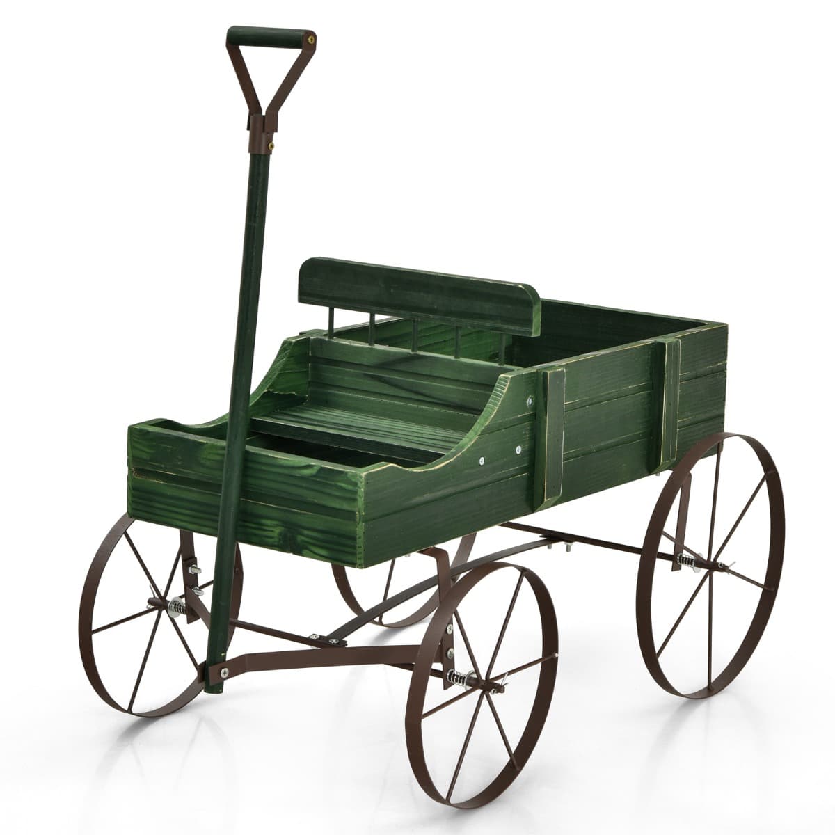 CostwayBrouette Décorative en Bois avec 2 Compartiments à Planter Roues Métalliques Poignée Charge 15kg pour Cour Vert