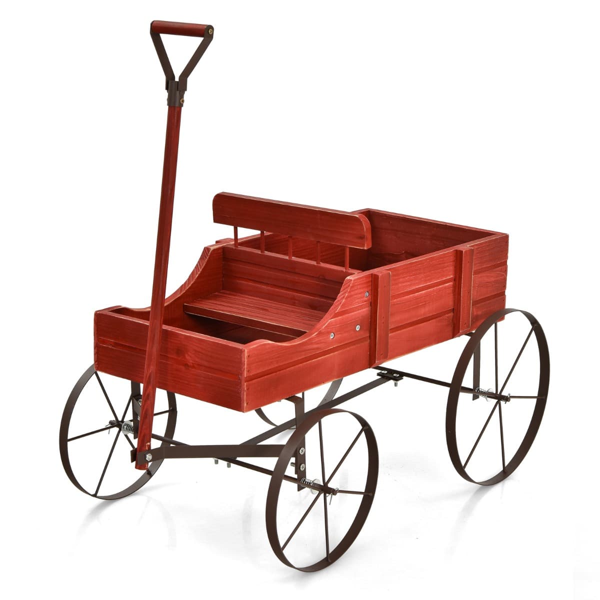 CostwayBrouette Décorative en Bois avec 2 Compartiments à Planter Roues Métalliques Poignée Charge 15kg pour Cour Rouge