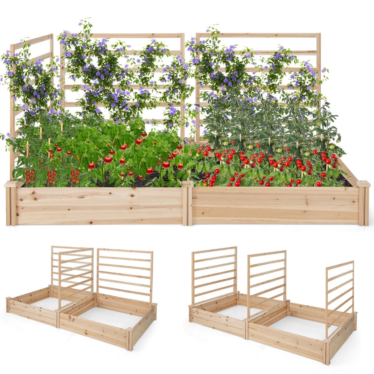 CostwayCarré Potager en Bois de Sapin 222x114x110CM 3 Treillis Base Ouverte Vignes Grimpantes Fruits Fleurs Légumes Naturel